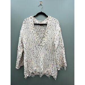 POL Cream Confetti Chunky Knit Distressed Fringe Oversized Cozy Cottagecore S
